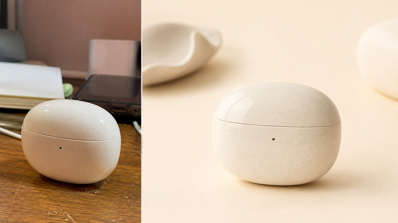 Before and after ecommerce ad: a plain ivory earbud-case listing photo becomes a warm cream studio product ad.